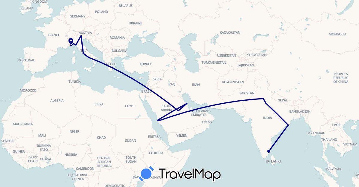TravelMap itinerary: driving in India, Italy, Saudi Arabia (Asia, Europe)